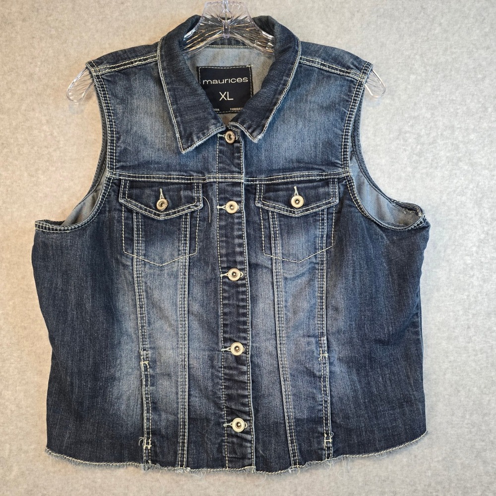 Maurices Vest Women XL Dark Wash Raw Hem Button Down Denim